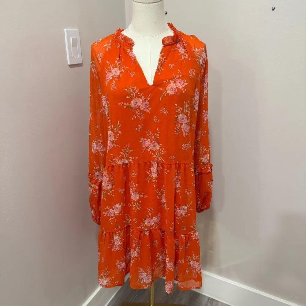 Vince Camuto Orange Floral‎ Tiered Mini Dress Size Large - Image 2