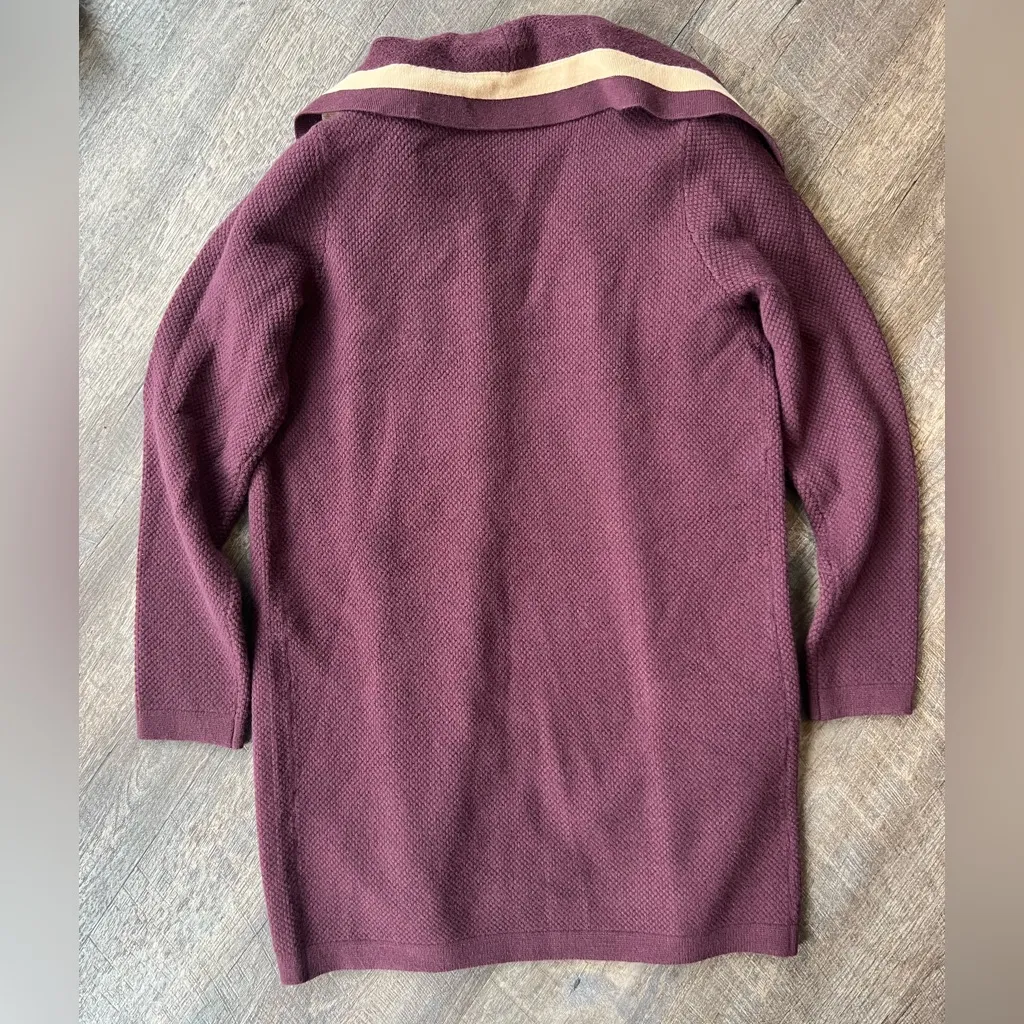 Ann Taylor Stripe Cascade Plum Burgundy and Tan Open Front Cardigan Sweater - Image 3