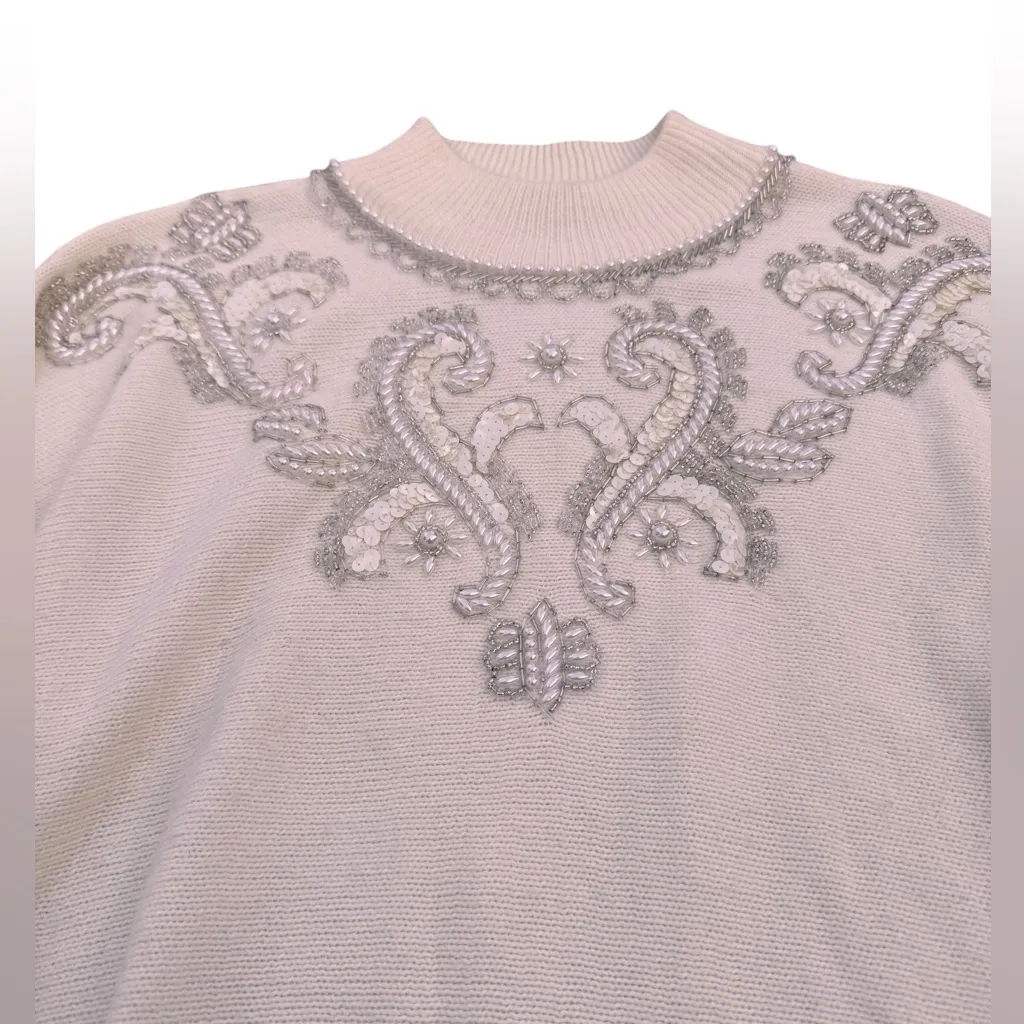 Alfred Dunner Petite PL Embellished Ivory Oatmeal Sweater Beaded Sequin Knit Top Size undefined - Image 4