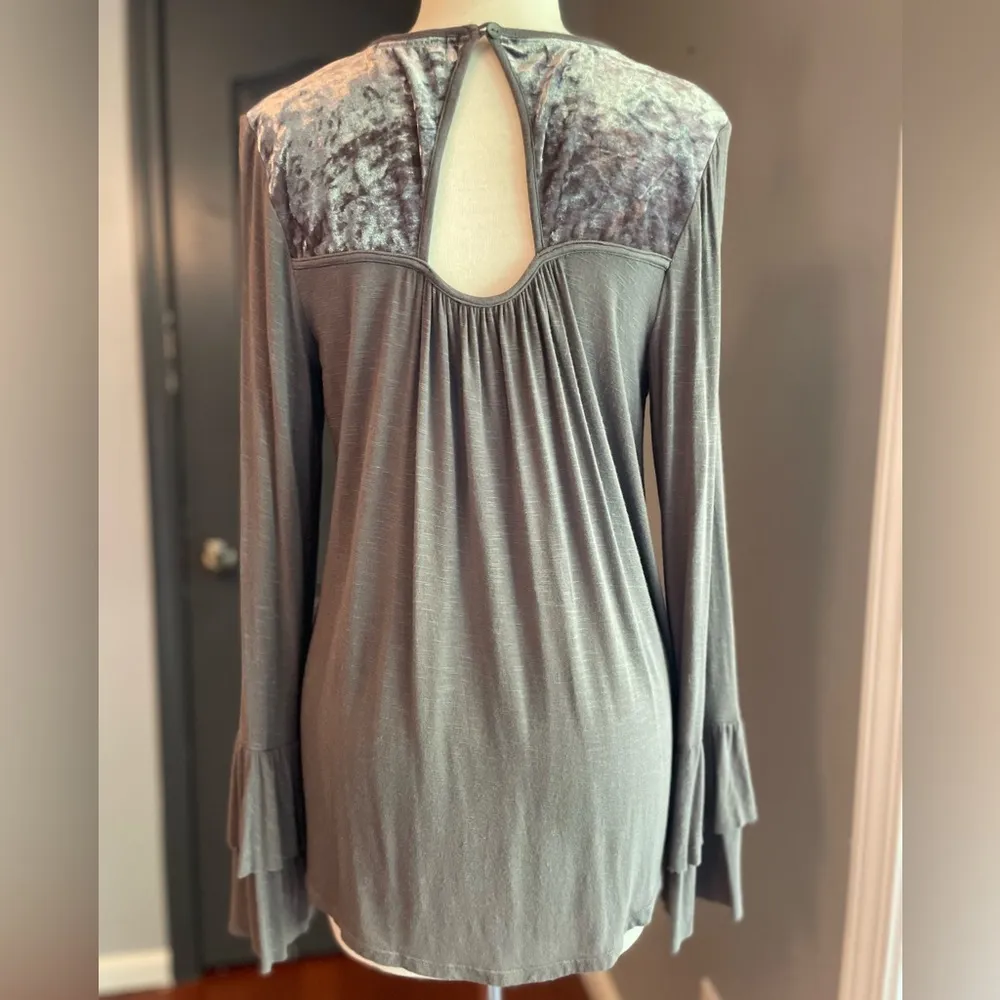 Floral Embroidered Burnout Velvet Cottagecore Blouse with Lace Detail Keyhole - Image 4