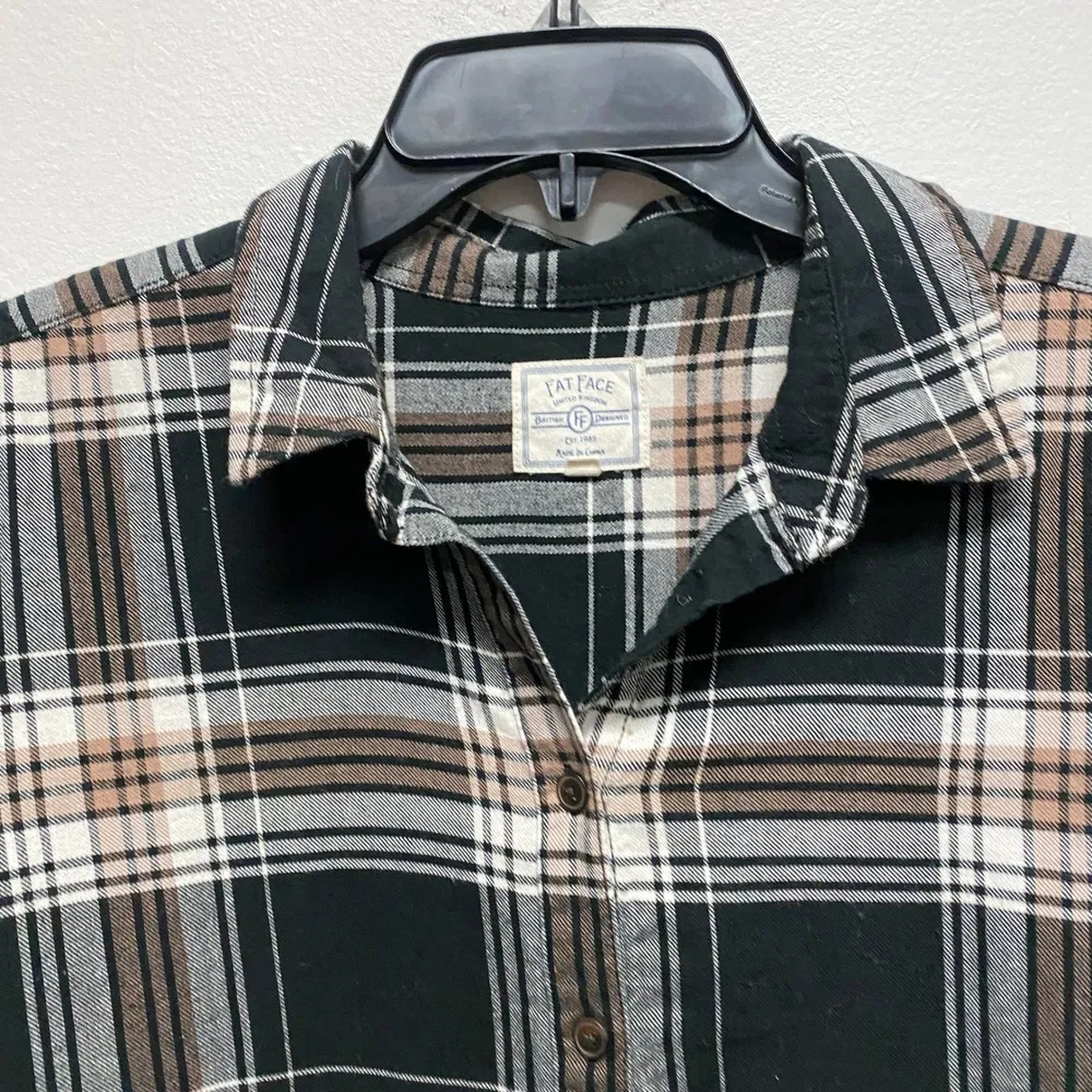 Fat Face Plaid Tunic Top Button Up Long Sleeve Relaxed Fit Black Brown 10 - Image 2