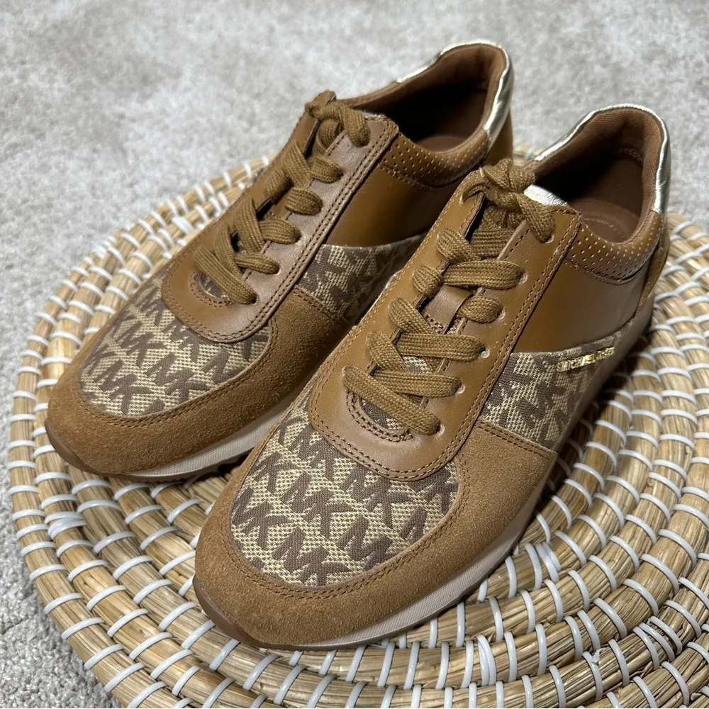 Michael Michael Kors Monique Monogram Trainer Shoes Sneakers Lace-Up in Tan 7 - Image 4