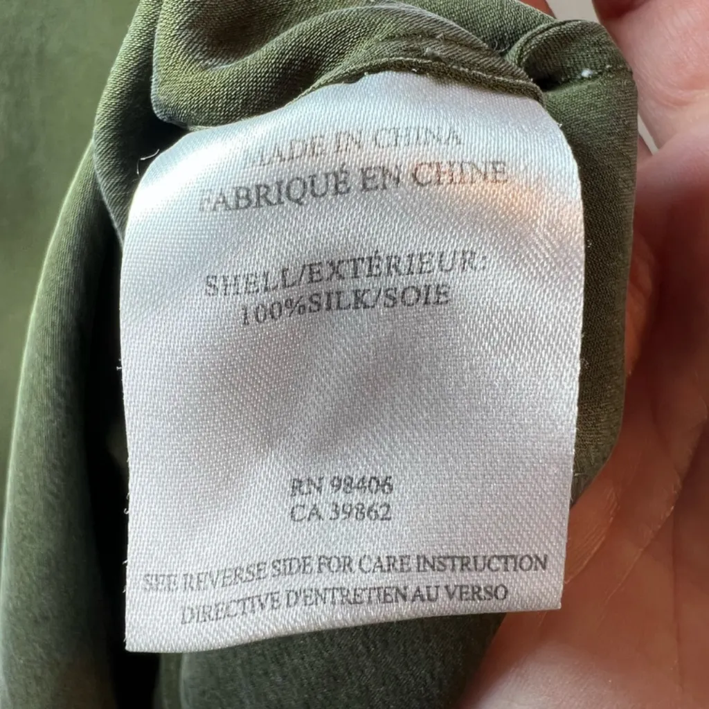 Theory Georgette Silk Shell Top Blouse Olive Green  Sleeveless Zip High Low  Med - Image 13