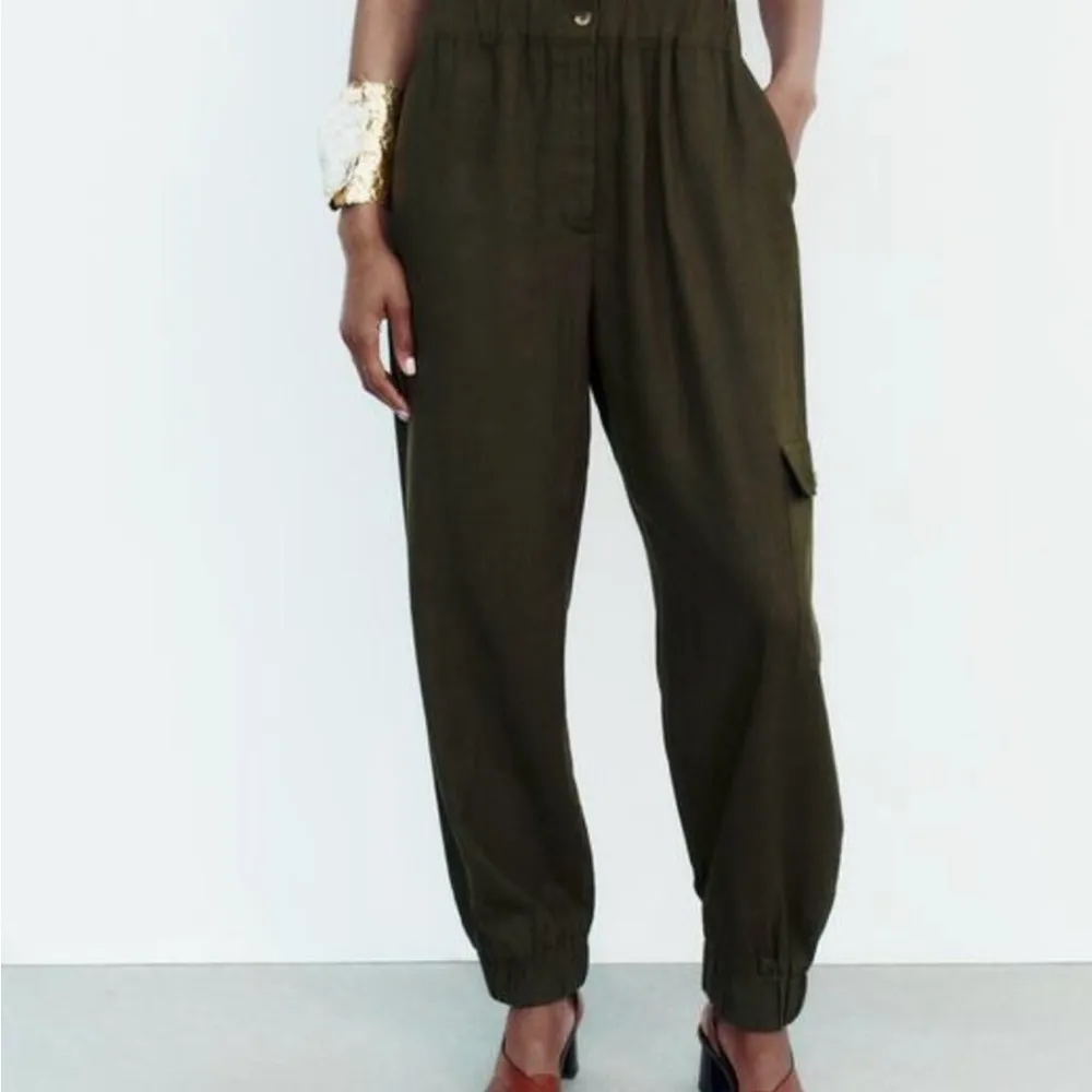Zara Jumpsuit Dark Green Button-Up Linen Blend  Size XL - Image 3