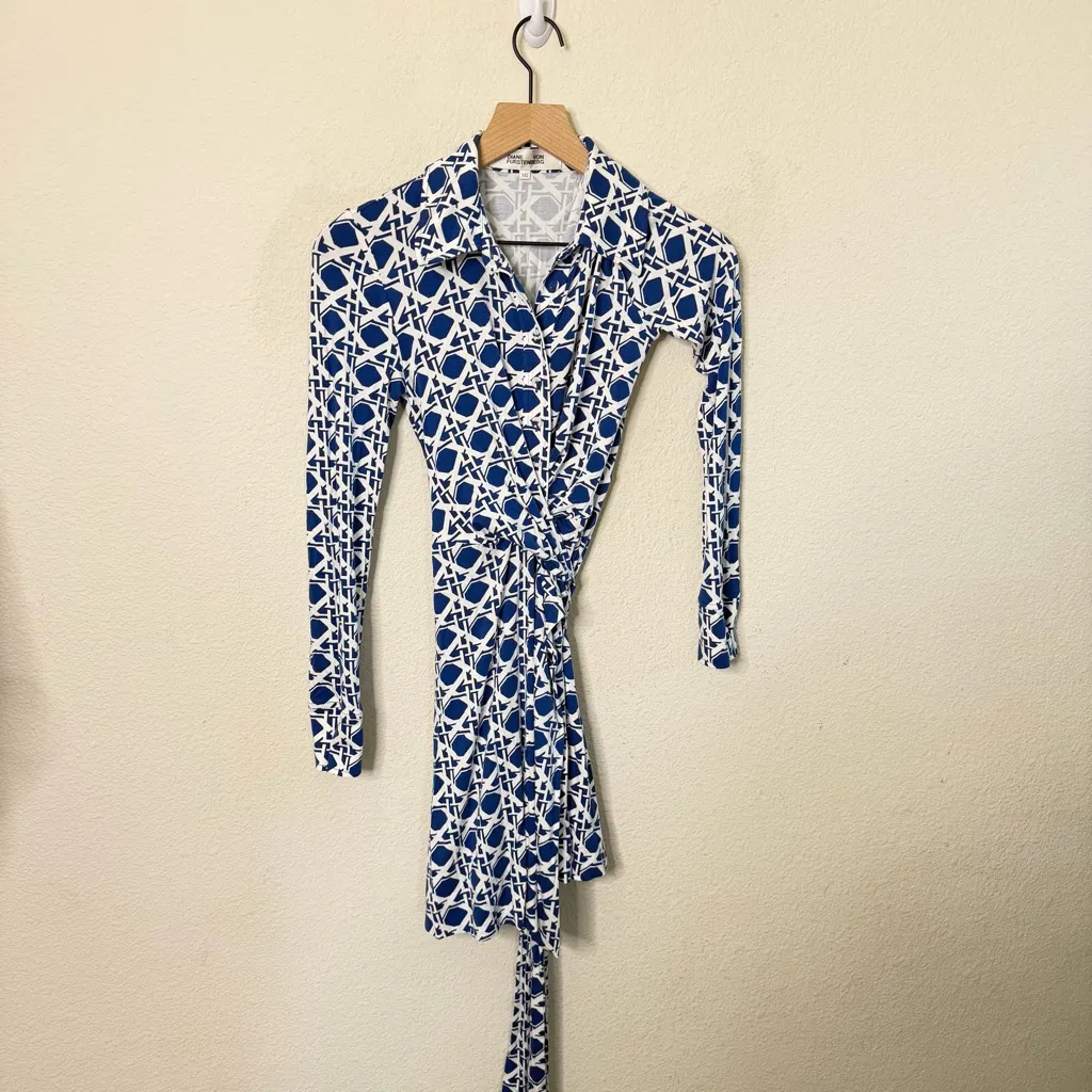 Diane Von Furstenburg Didi Dress Wrap Mini Blue Printed Womens Size XXS - Image 6