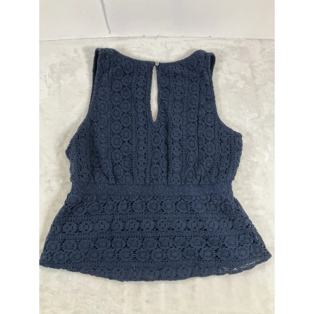 Abercrombie &‎ Fitch Crochet V-Neck Tank Peplum Top Navy Blue Large Lace Lined - Image 5