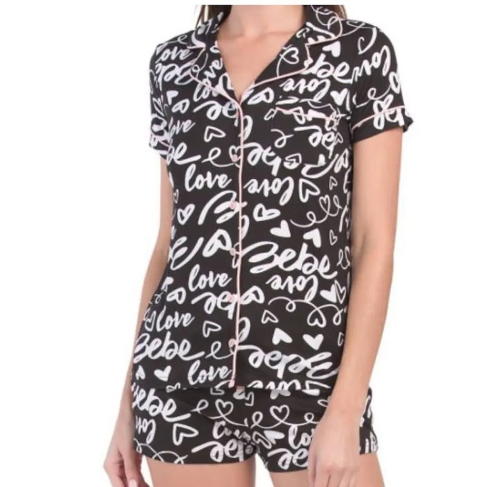 Bebe Black Logo Print Pajama PJ Shorts & Short Sleeve Top SET 3X NEW - Image 7