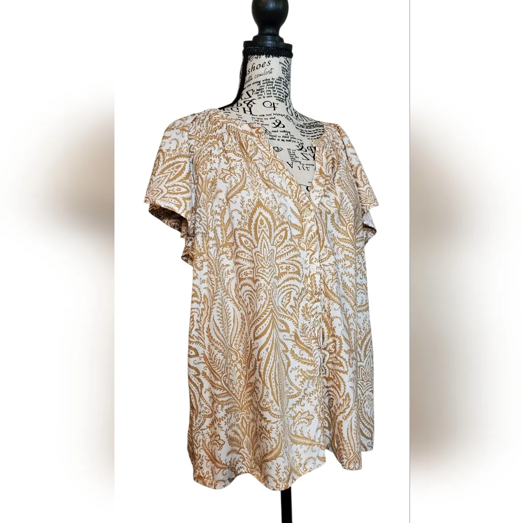 LOFT paisley print flutter sleeve blouse,Cream and Brown Button-down Size:M - Image 2