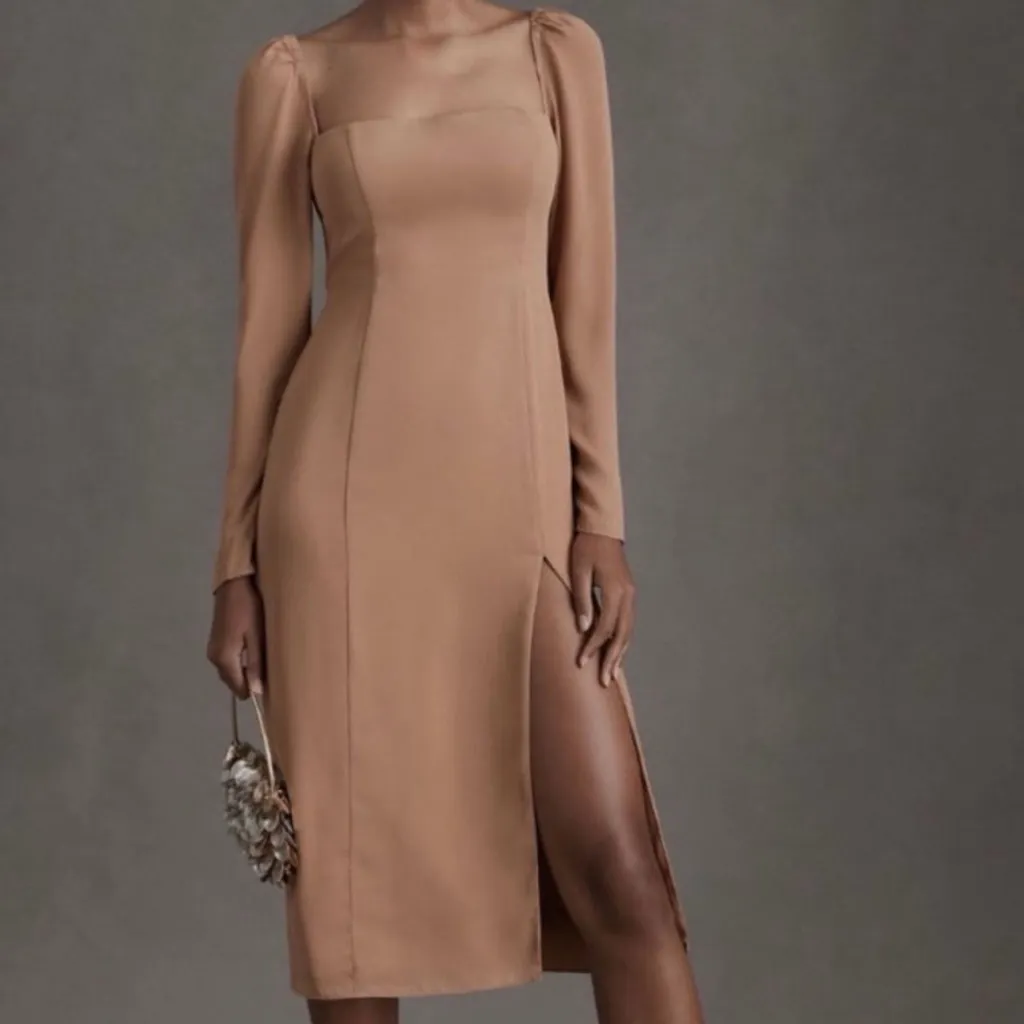 BHLDN Anthropologie Navy Blue Square Neck Midi Slit Formal Dress - Image 7