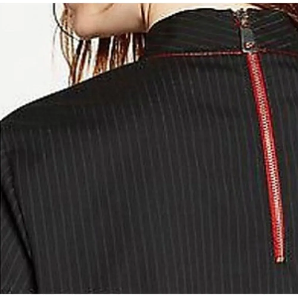 Zara Pinstriped Frilled Top Ruffle Striped High Mock Neck Peplum Back Zip Blouse - Image 4