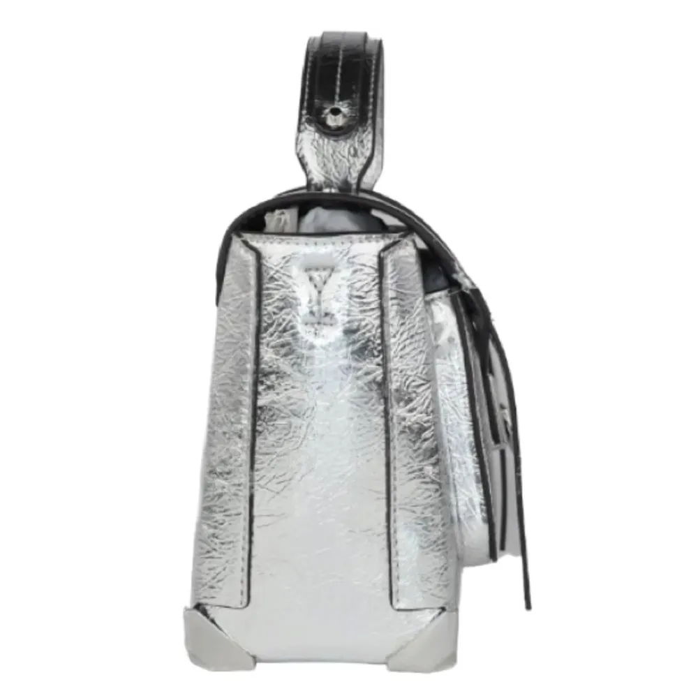 Manhattan Medium Crackled Metallic Leather Satchel Silver - Image 4