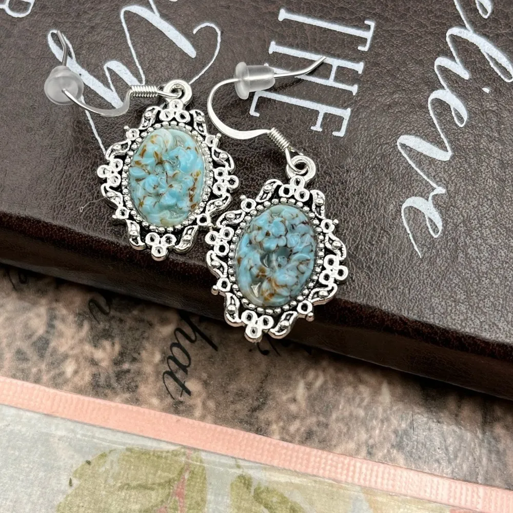 Vintage Carved Spotted Turquoise Resin Oval Cabochons Steel Dangle Earrings Blue - Image 5