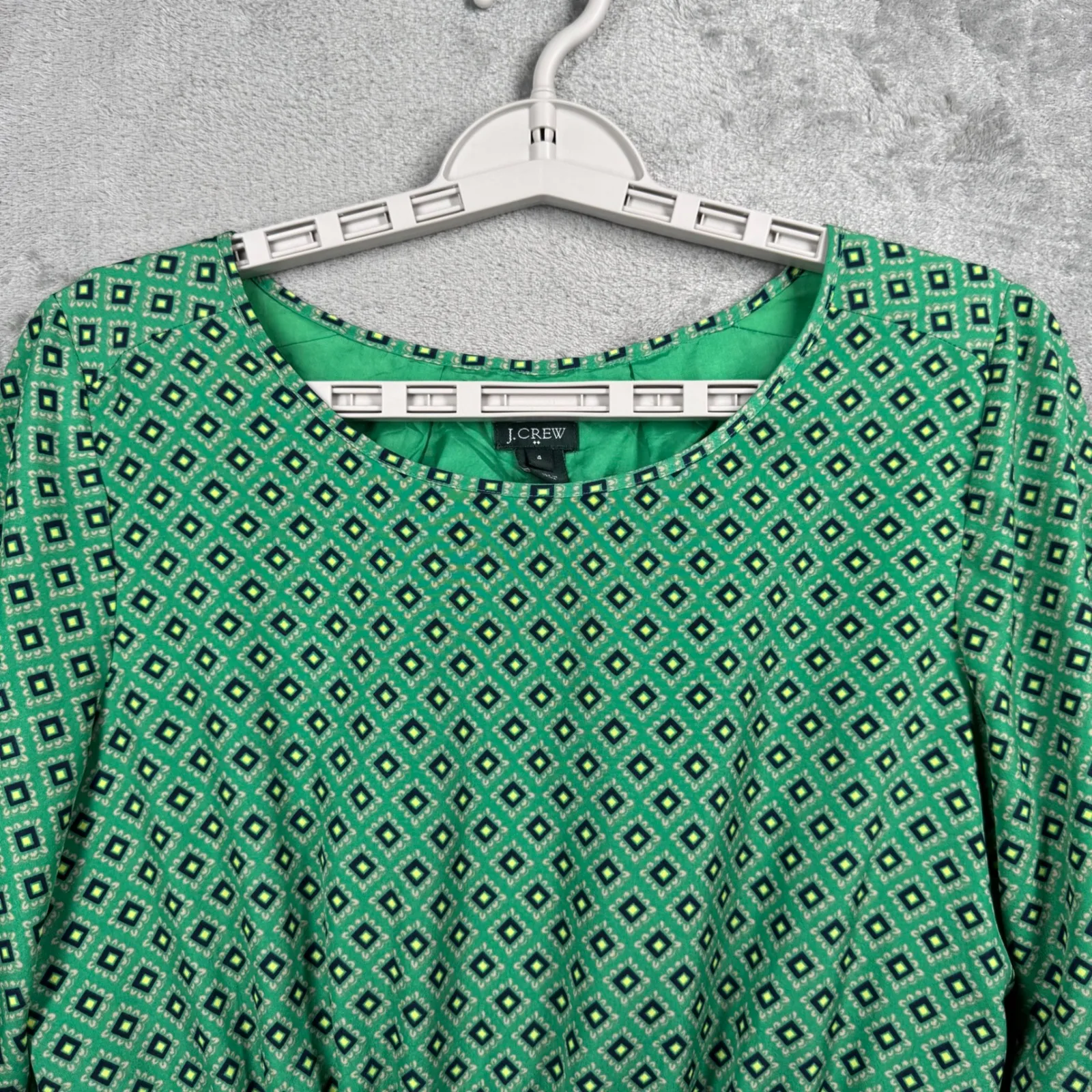 J. Crew Green Geometric Print Long Sleeve Elastic Waist Mini Dress Womens Size 4 - Image 4