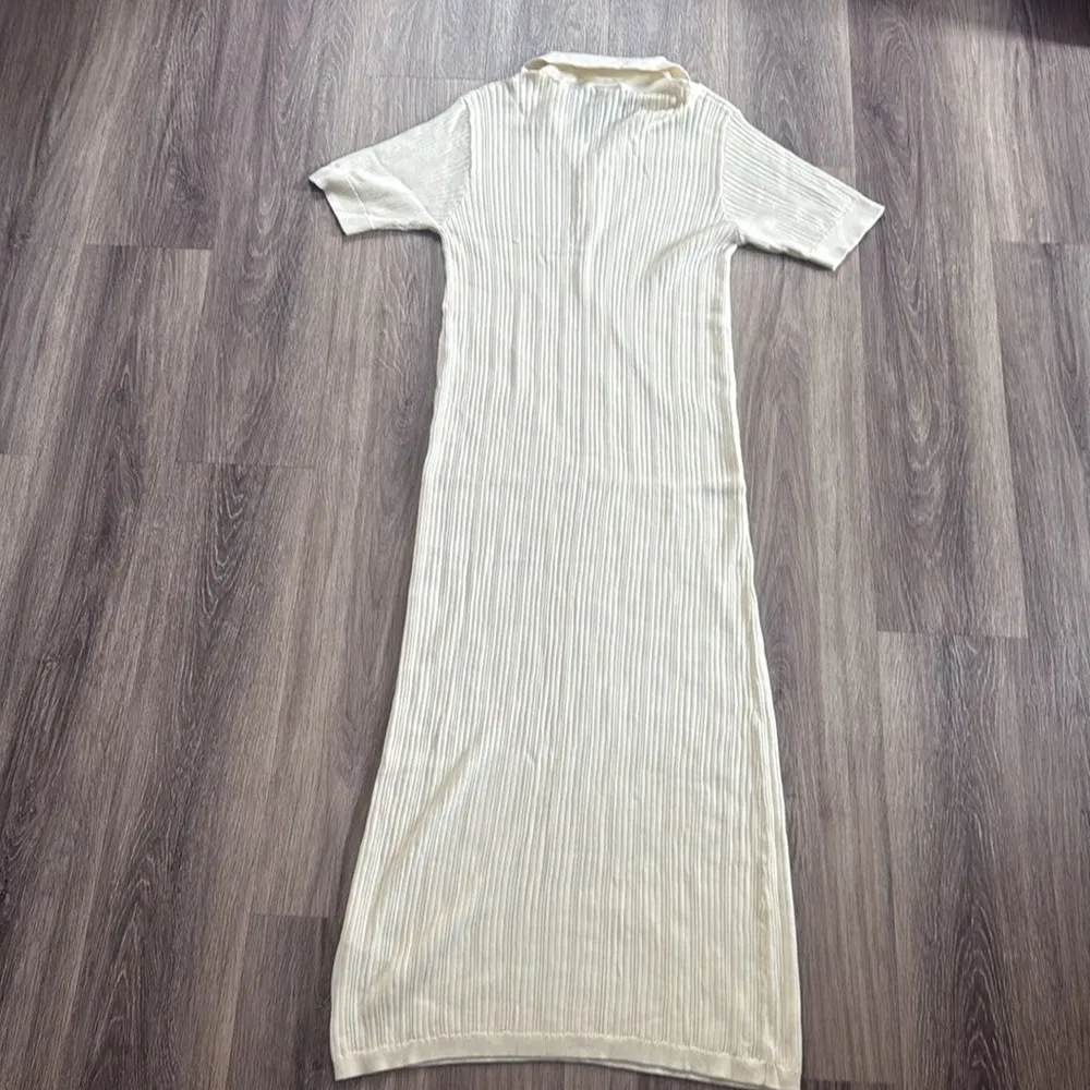 Varley Cream Ribbed Knit Dress Large Andrea Pointelle Maxi Dress Casual Stretch - Image 4