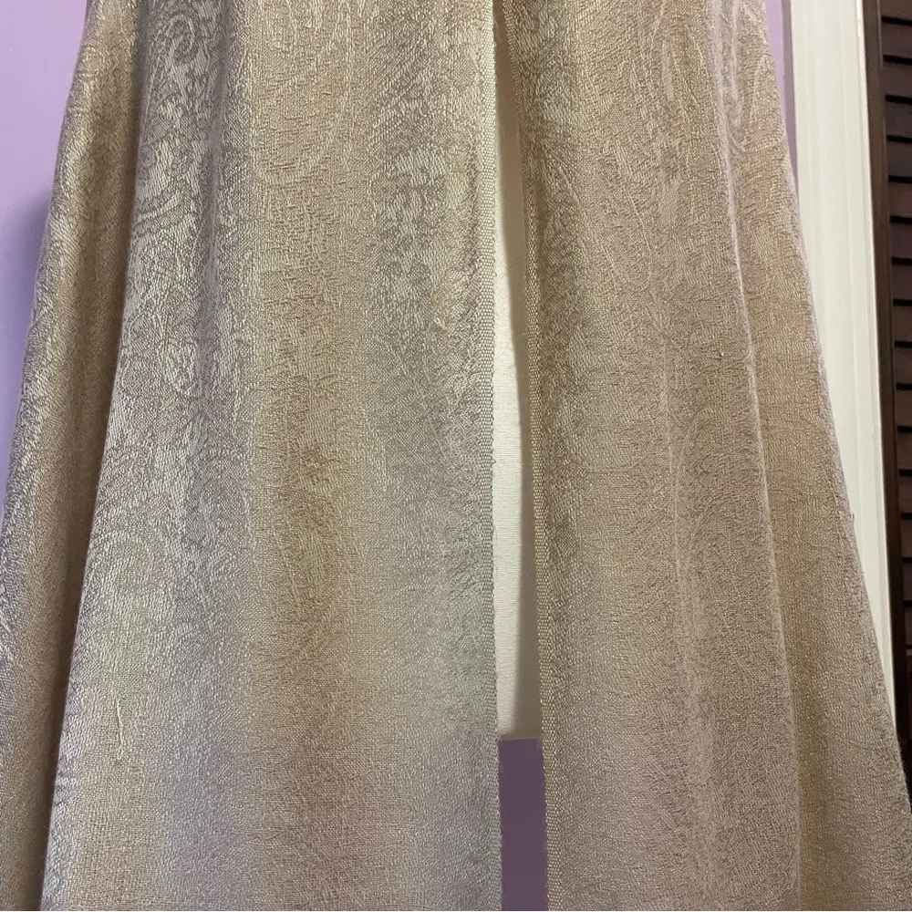 Pashmina Scarf Silk Blend Beige Paisley Fringe Wrap Shawl Large - Image 4