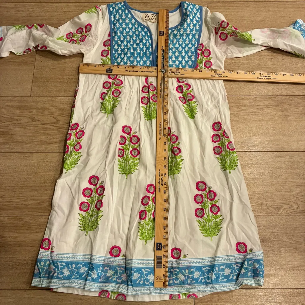 SZ Blockprints Printed Cotton Floral Kurta Jaipur Midi Dress Size M Blue Size M - Image 4