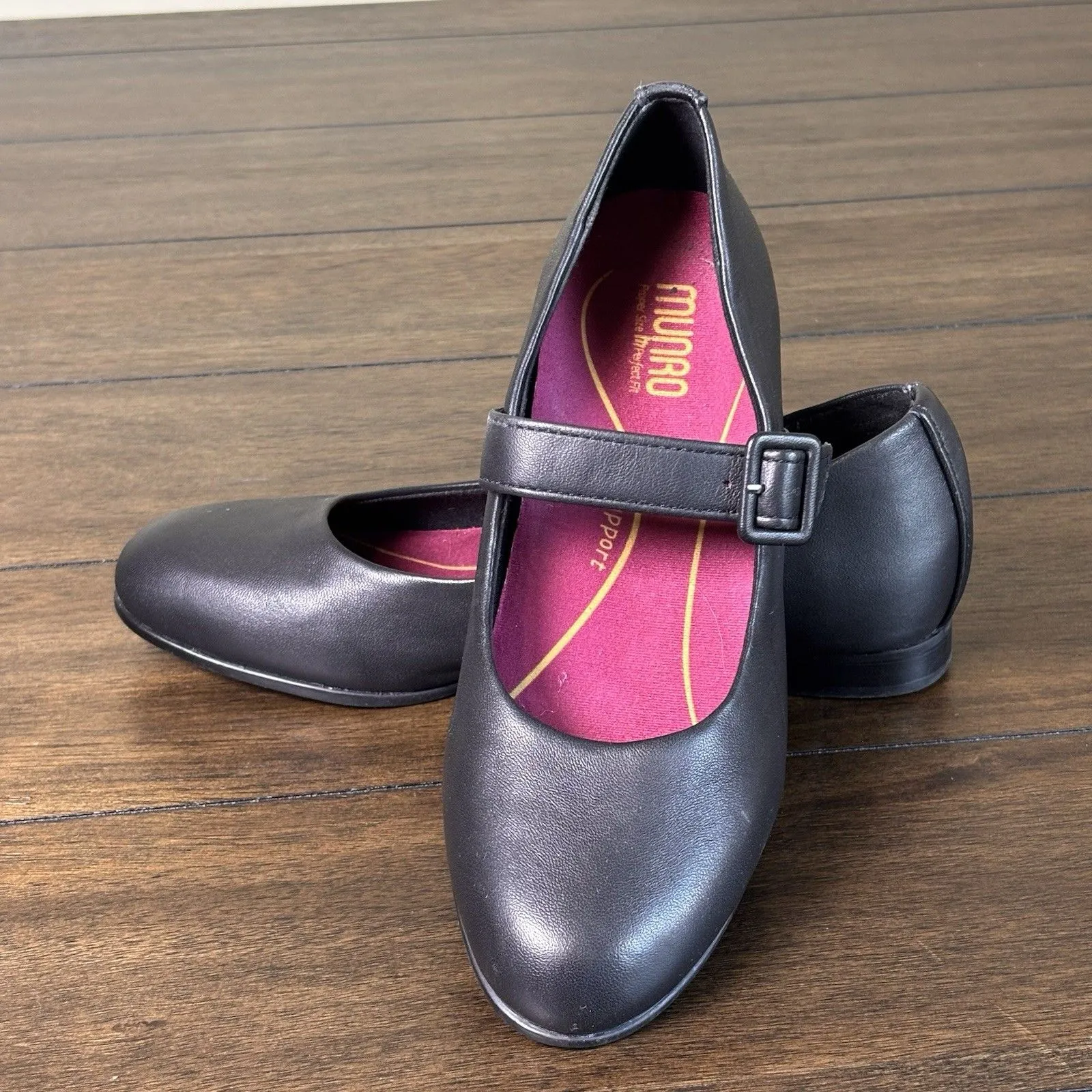 Munro Size 8 M Black Leather MJ Flat Mary Jane Shoes Block Heel - Image 7