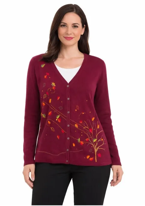 Women's Christopher & Banks Burgundy Cardigan with Fall Leaves, Size L - Image 1