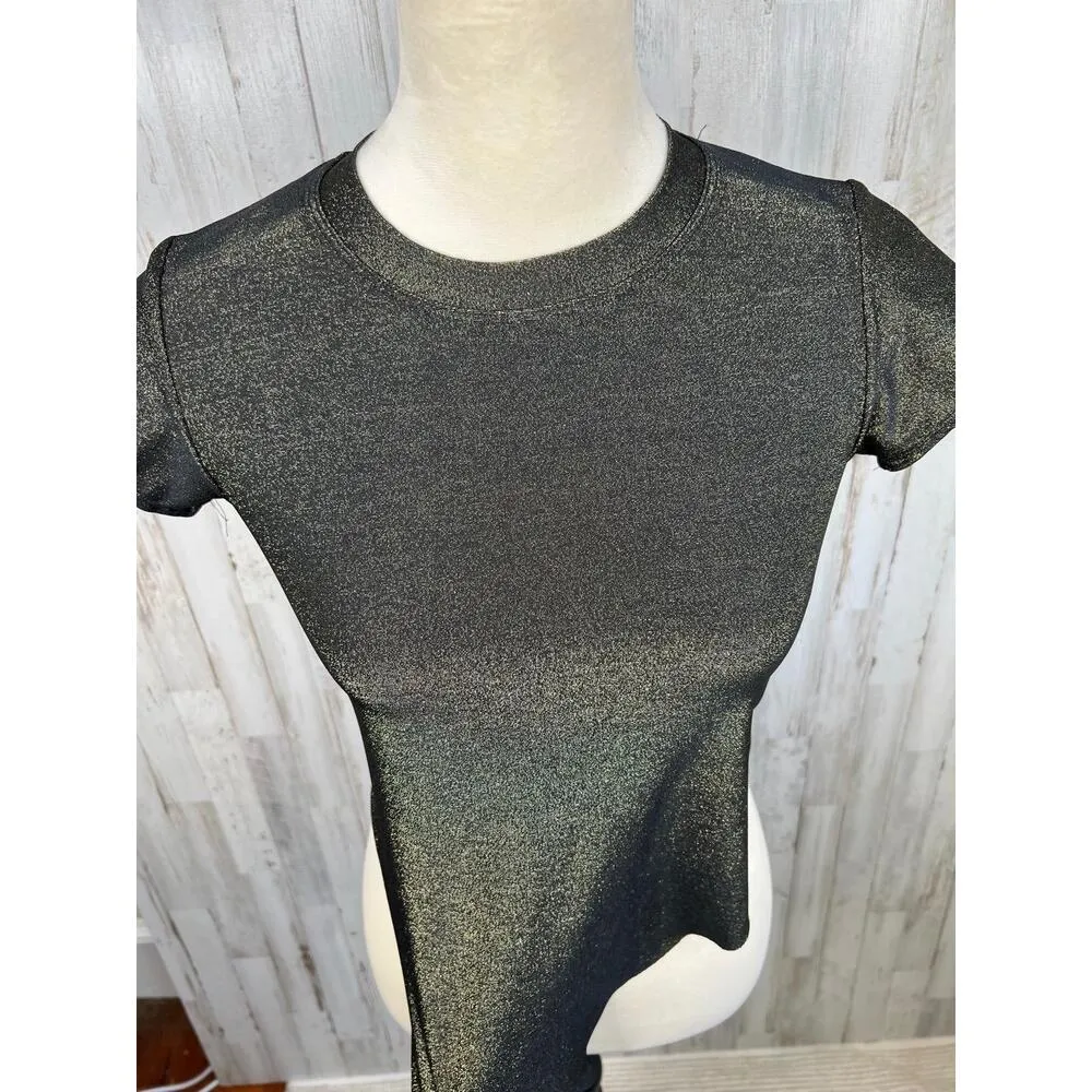 VYB Metallic Asymmetrical Hem Top Short Sleeves Swim Cover Crop SM Black - Image 6