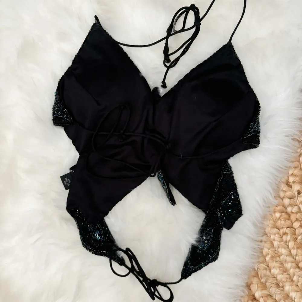 Y2K 579 Black Beaded Sequin Butterfly Halter Top - Image 2