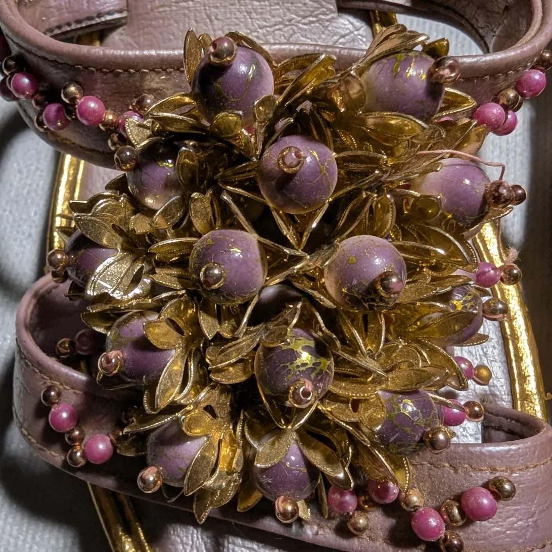 Vtg 1970s Lavender Metallic Faux Leather Embellished Wedge Slide Sandals Sz 6.5 Purple - Image 3