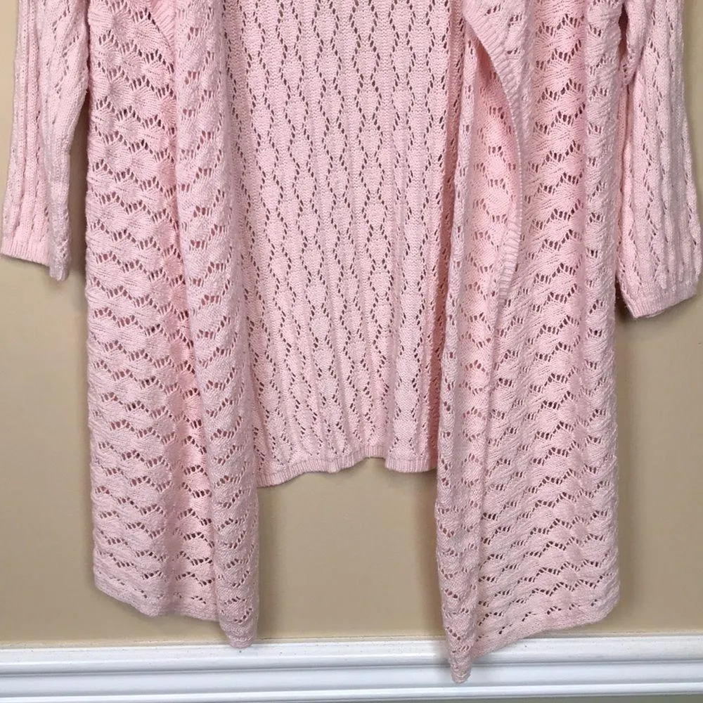J. Jill Women’s Linen Blend Knit Crochet Open Drape Front Pink Cardigan Sweater - Image 3