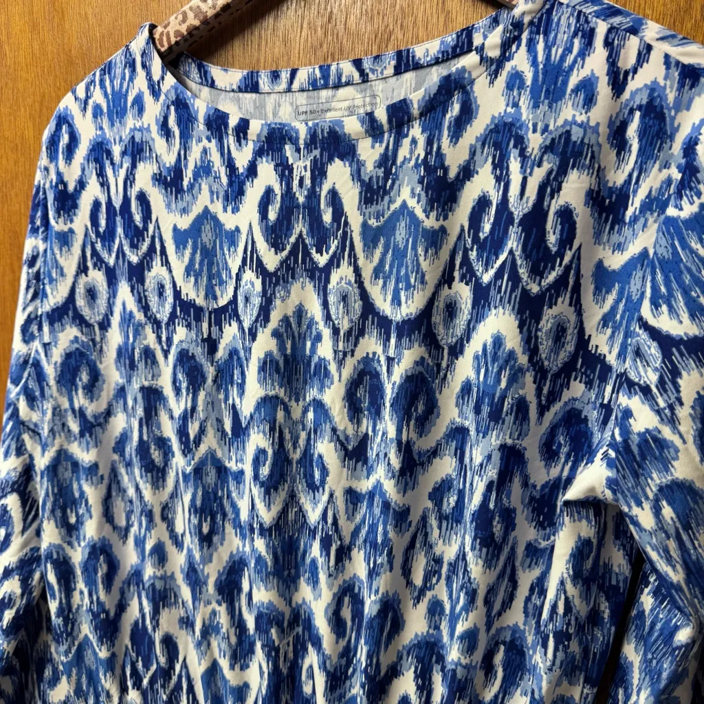 Coolibar Cover Up Mini Dress Long Sleeve Pullover Blue White Medium - Image 3