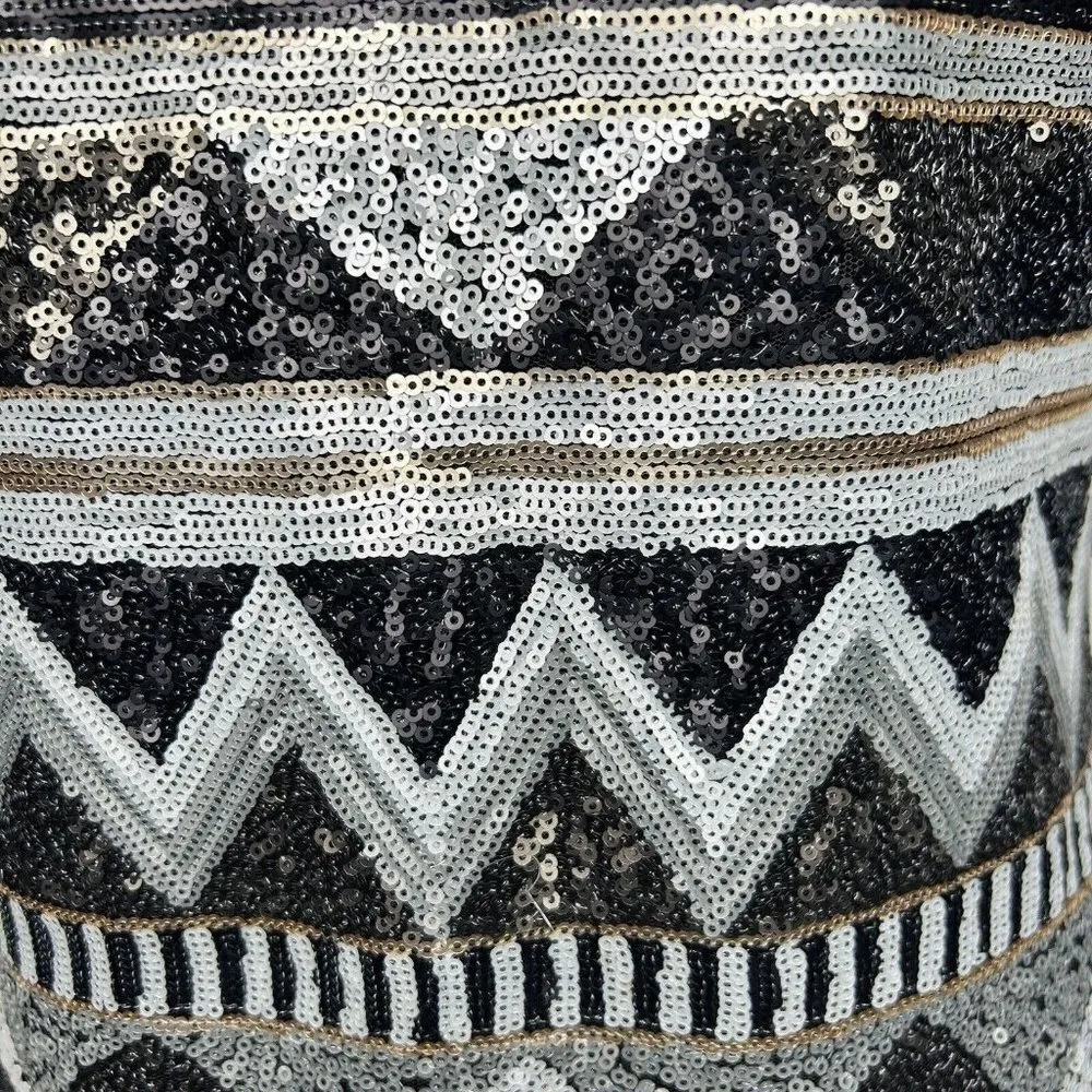 One Love Clothing Sequin V-Neck Minidress Aztec Silver Black Gold Women's Sz M - Image 9