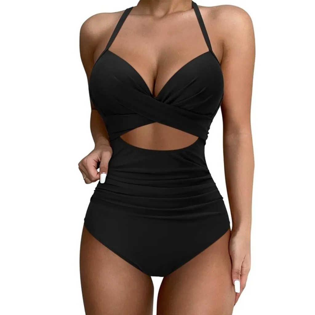 Solid BLACK Wrap Cut Out One Piece Swimsuit High Waisted Monokini SMALL - Image 2
