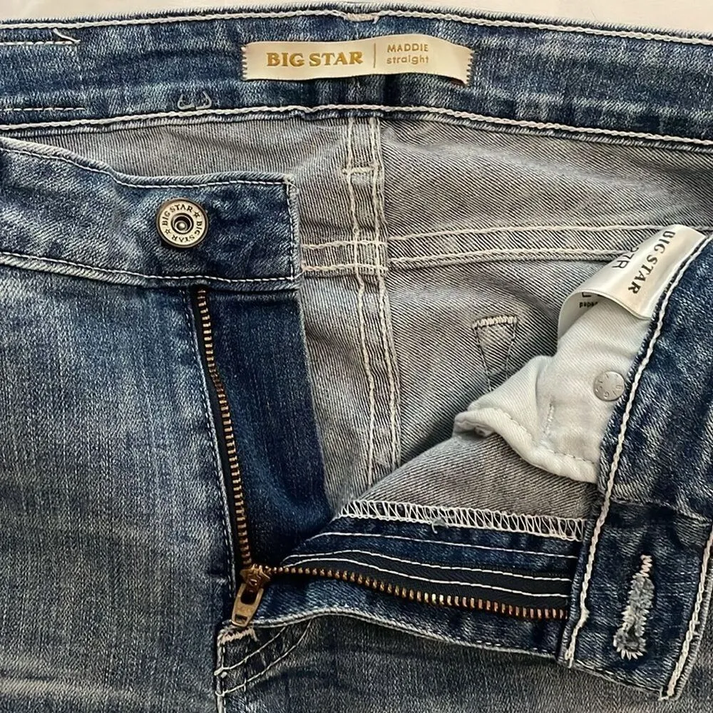 Big Star Maddie Straight Denim Blue Jeans Womens Size 27R Distressed - Image 9