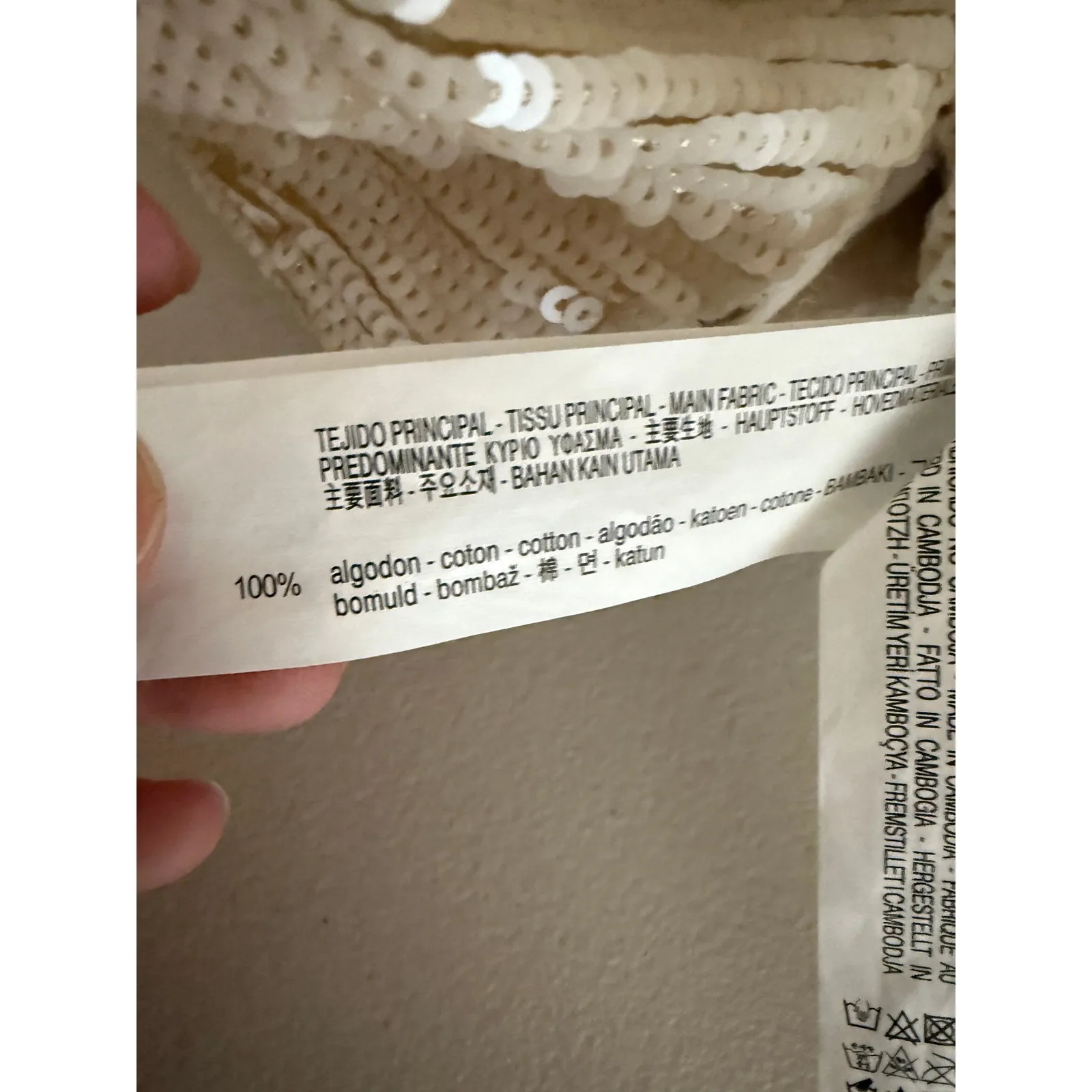 Zara Cream 100% Cotton Western Country Long Sequin Fringe Tee Shirt Top Blouse S - Image 6