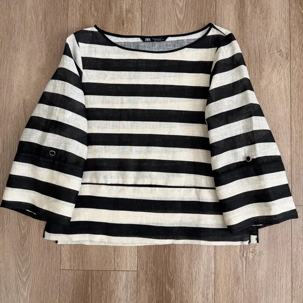 Zara 100% Linen Crispy Striped Top Blouse Women M Roll Tab Kimono Sleeves NWOT - Image 6