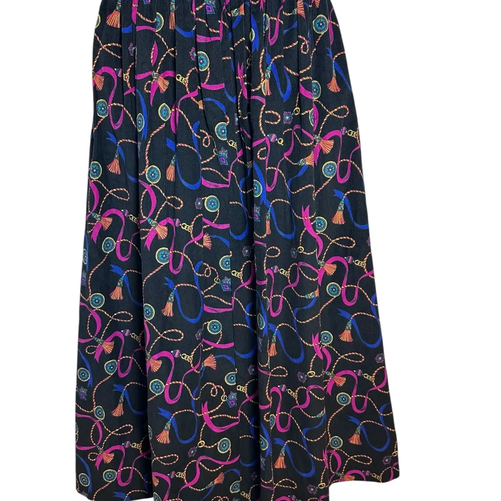 Talbots VTG Light Corduroy Maxi Skirt w/Belt Loops  Festival Print Tassels Cords - Image 2