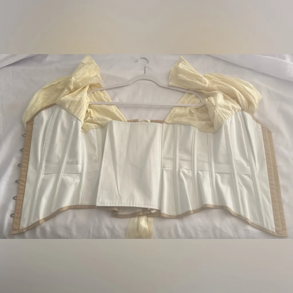 Tan & Cream Boned Corset Top Women’s Size 32 Lace Up Off Shoulder Puff Sleeves - Image 11