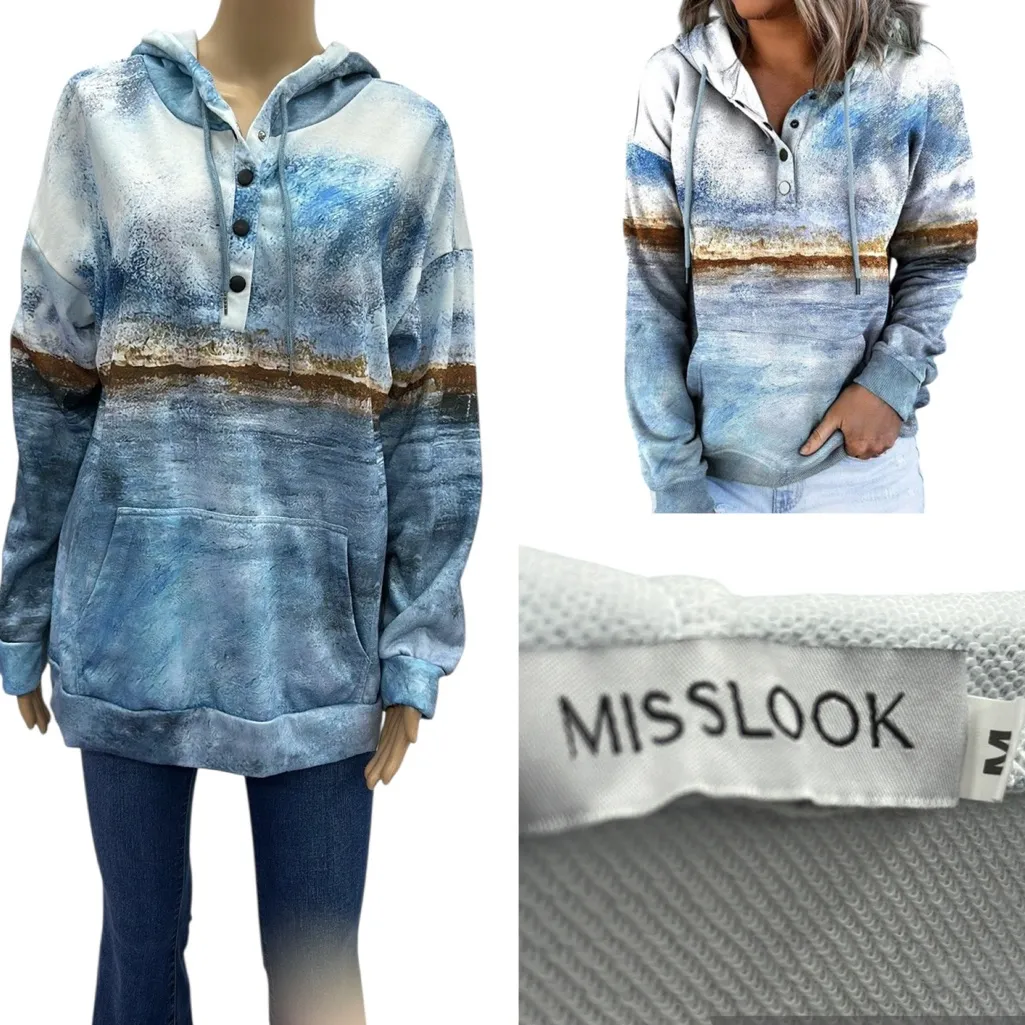 Mislook French Terry Cotton Blend Beachy Hoodie Sweatshirt Oversized Unisex M Blue Size M - Image 2