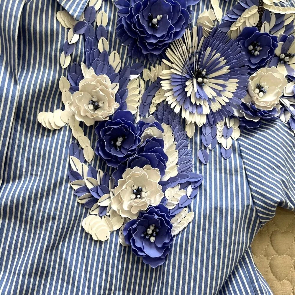 $669 MSGM Italian Women's 3D Beaded Flowers Blue/White Stripe Blouse Rare Sz 38 Blue - Image 7