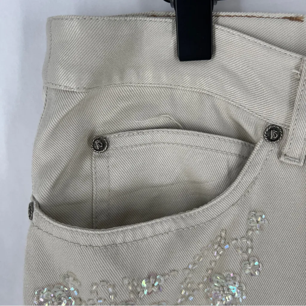 Anthony Sicari Silk Denim Lightweight Floral Sequin Beaded Bootcut Pants Size 14 Tan - Image 6