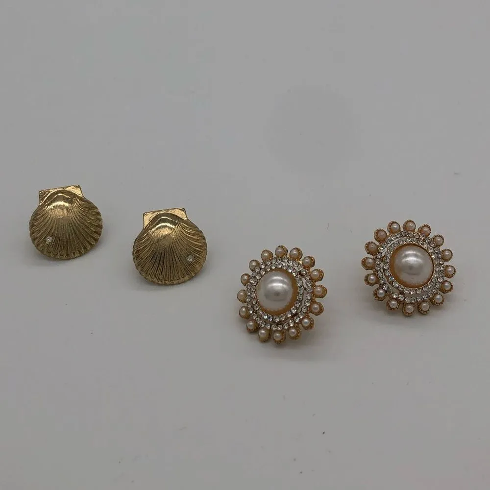 2 Pairs of Stud Earrings Sea Shell & Faux Pearls Gold - Image 4