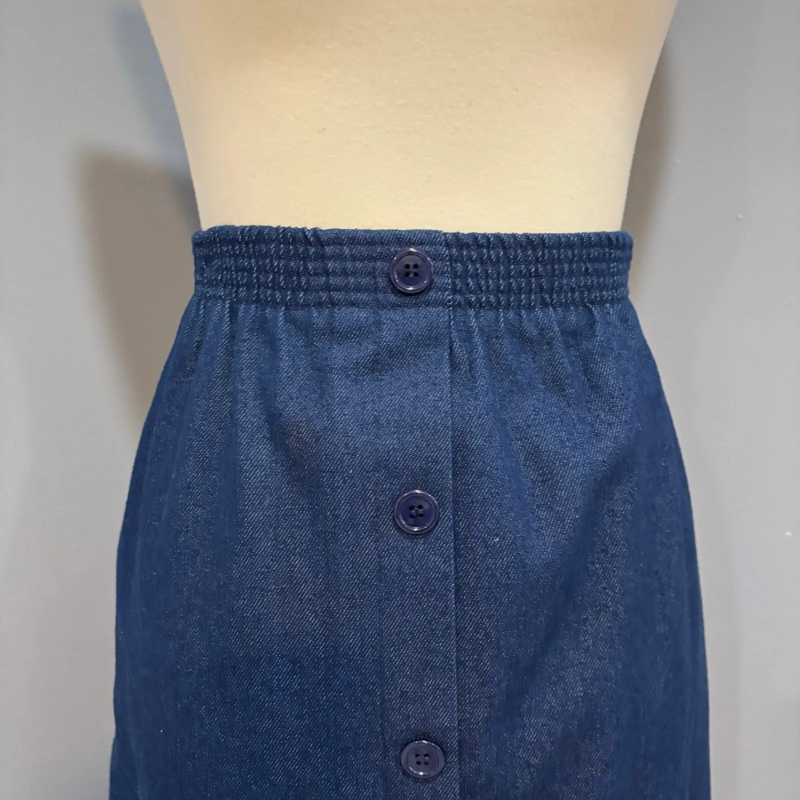 VTG 90s Dark Wash Denim A-Line Midi Skirt Button Elastic Waist, Women's Size 16 - Image 2