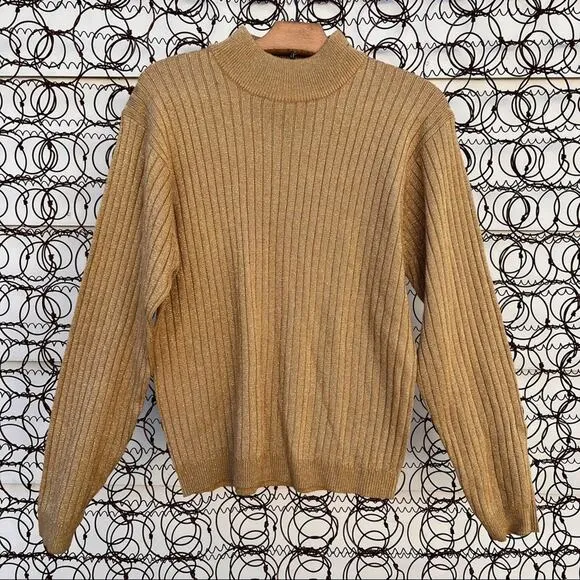 Vintage 90s Ashley Hill gold metallic stripe knit turtleneck sweater Size L - Image 1