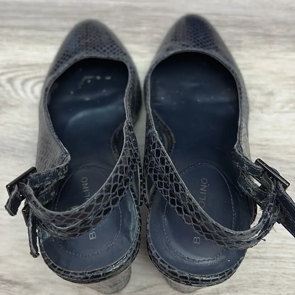 Blue Snakeskin Print Double Buckle Sling Back 3" Block Heels Size 7.5M - Image 6