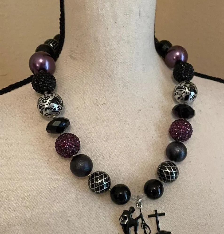 Statement Necklace - Purple / Black Bead - Military Solider Kneeling At Cross - Image 6