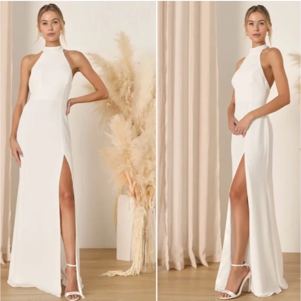 LuLus Bridal White Satin Backless Halter Gown Size Medium - Image 2