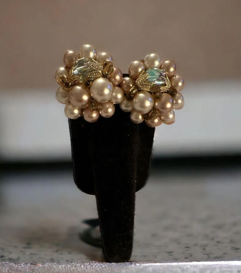 Grannycore Japan Signed Faux Pearl AB Gold Tone Cluster Clip On Earrings Vintage Tan - Image 2