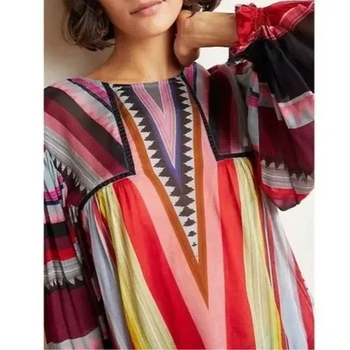Anthropologie Bl^nk London Miranda Blouse Peasant Boho Colorful Stripe Sz XS Red - Image 2