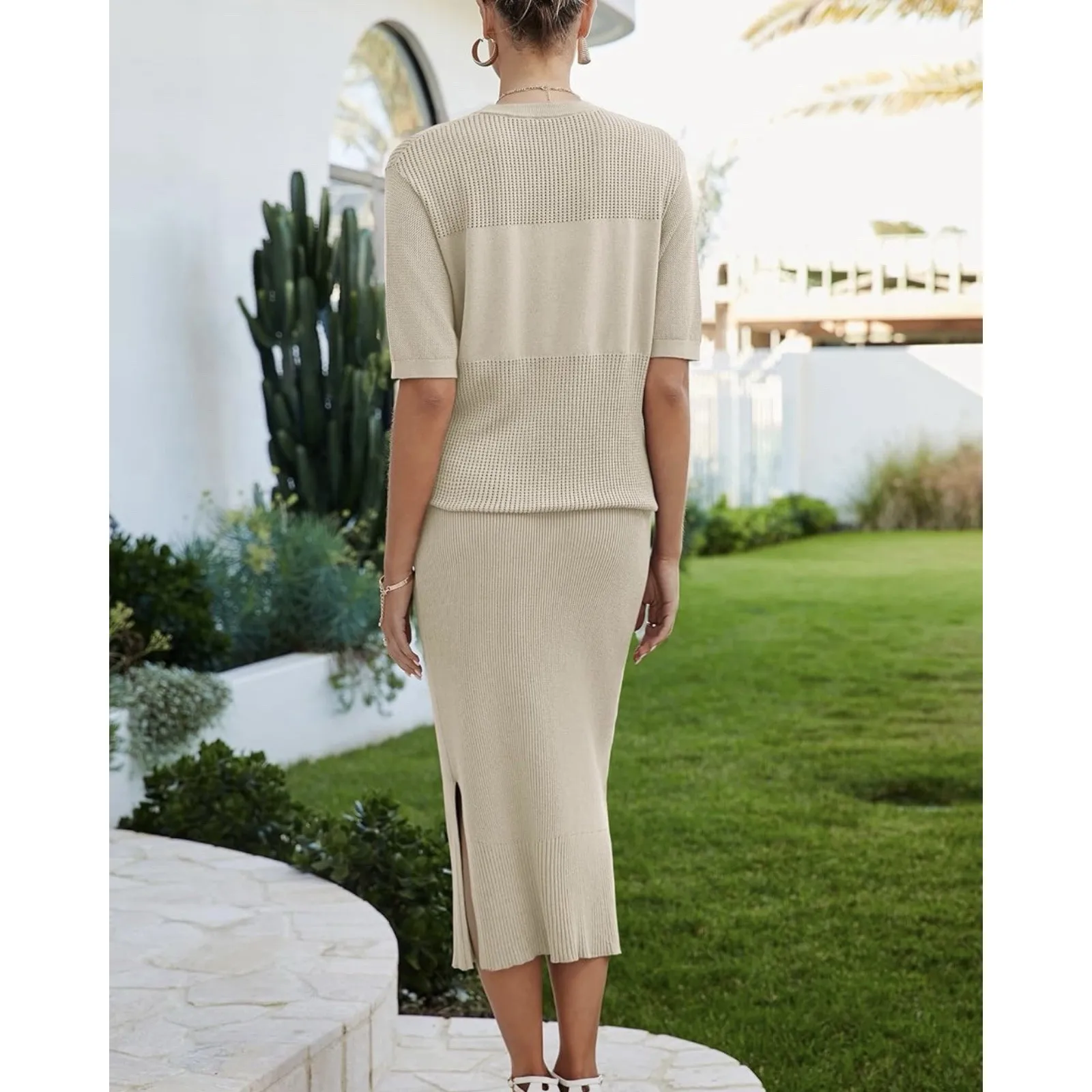 Arach&cloz Womens Soft 2 Piece Sets Crochet Top And Midi Slit Skirt Sz L Size L - Image 4