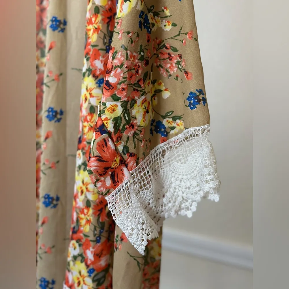 Floral Kimono Cardigan Lace Trim Boho Cottagecore Layering Oversized Romantic - Image 5