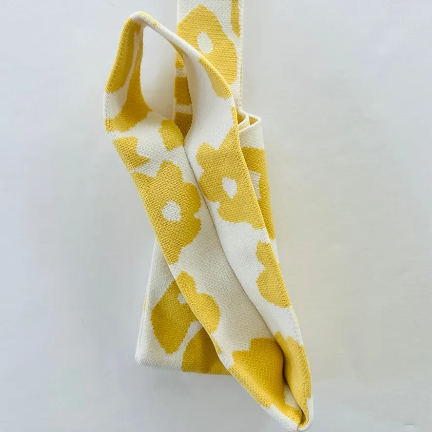 Mini Tote Bag Knit Purse Satchel Yellow White Floral Boho Small Wristlet Lunch - Image 3