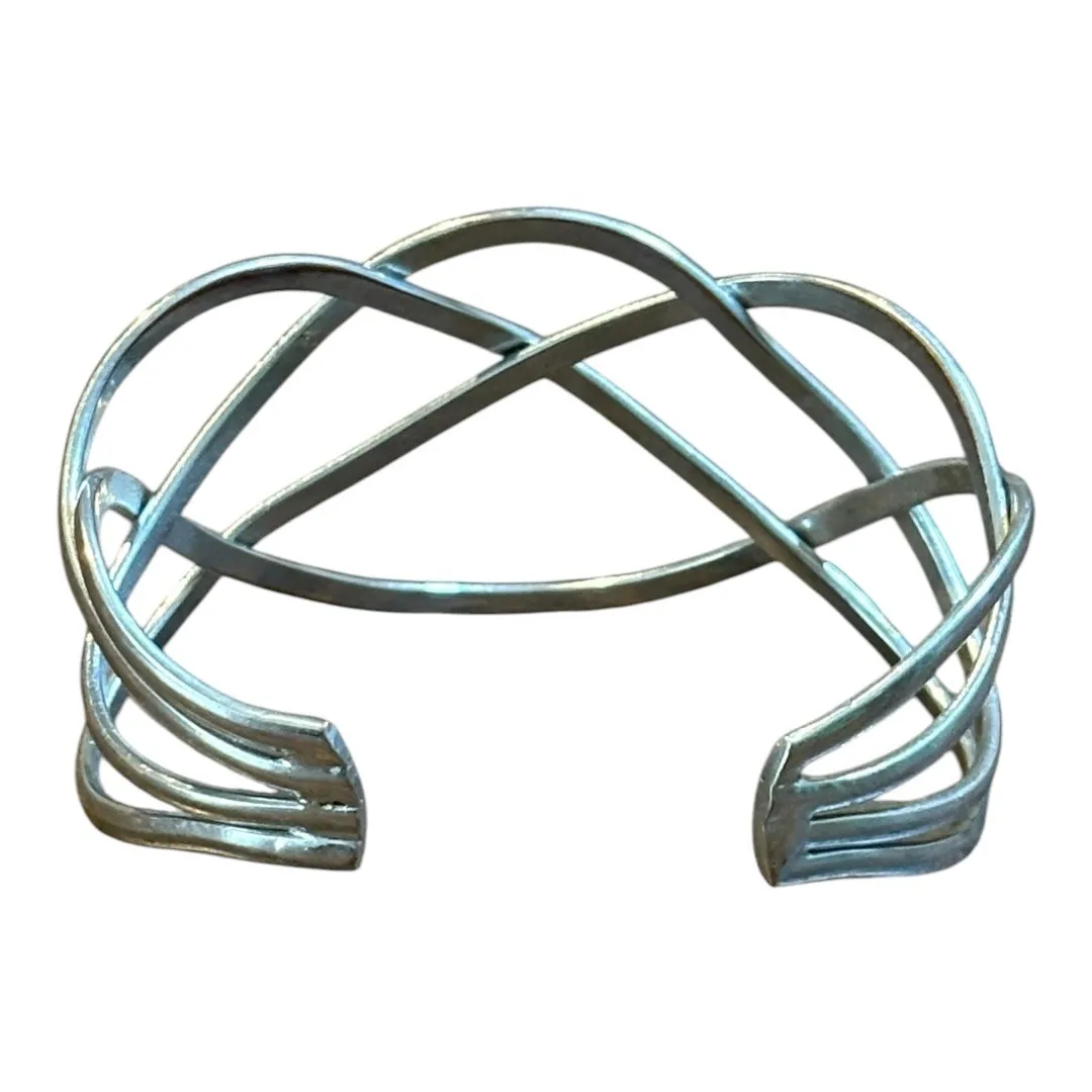 Open Cuff Woven Silver‎ Tone Metal Bangle Bracelet Abstract Design Silver - Image 3