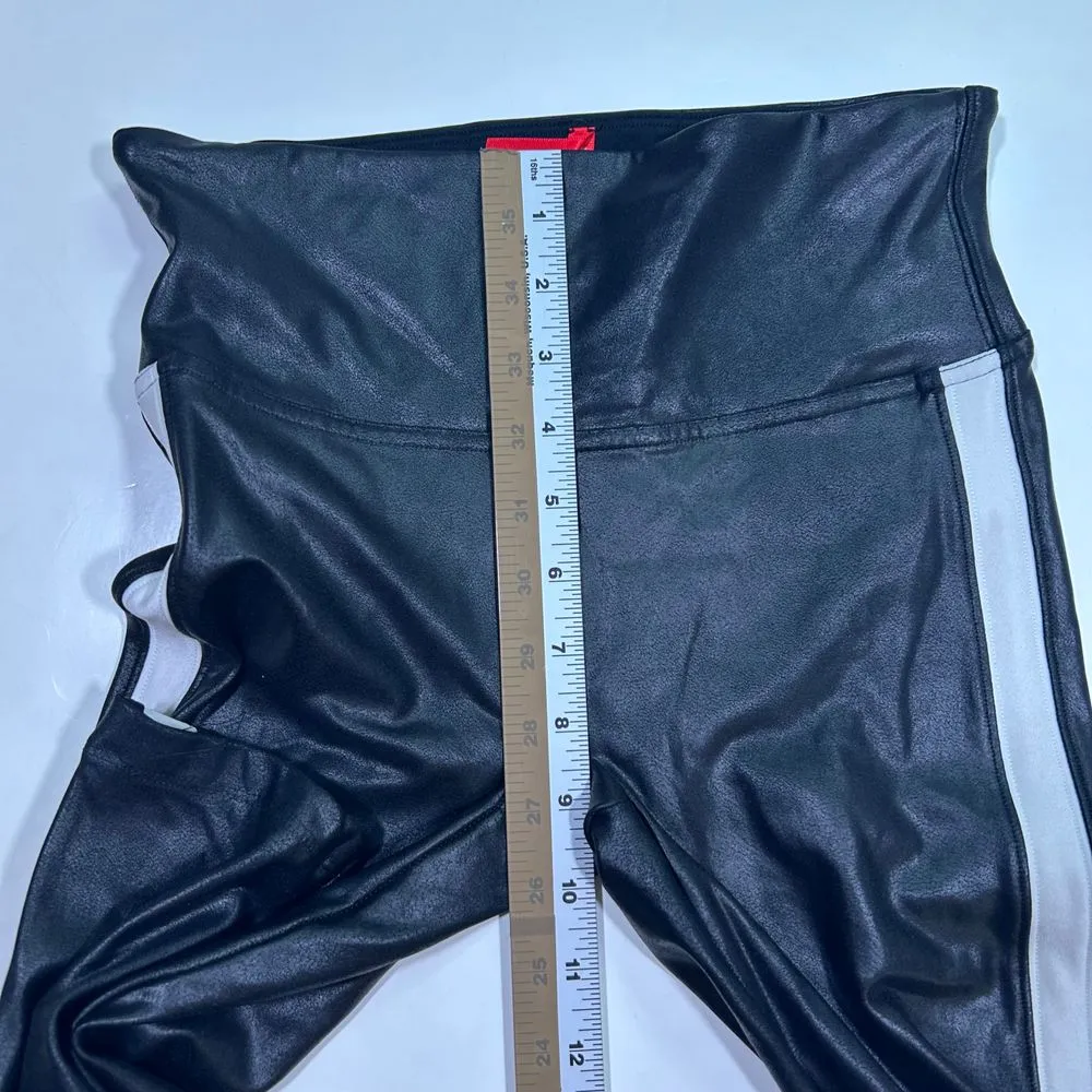 EUC SPANX Faux Leather Leggings with White Side Stripes Womens Small Black‎ - Image 6